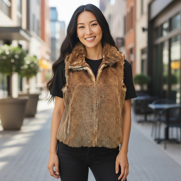 ANN TAYLOR LOFT SZ 10 Brown/Tan Soft Faux Fur Zippered Vest - Picture 1 of 8